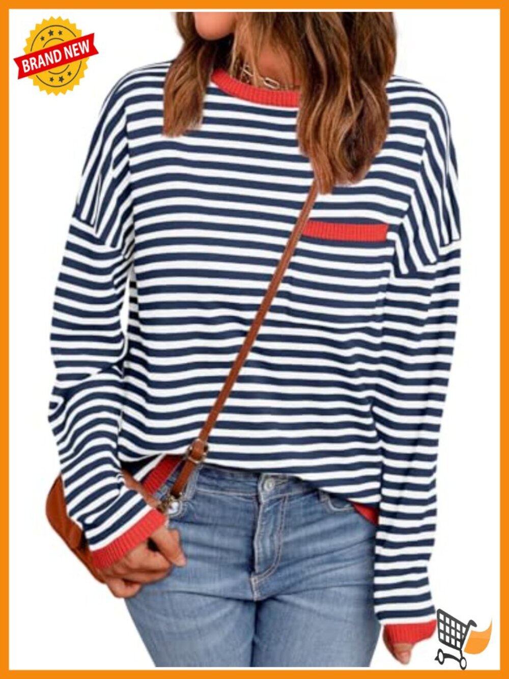Womens Lightweight Striped Crewneck Oversized Sweater Pullover